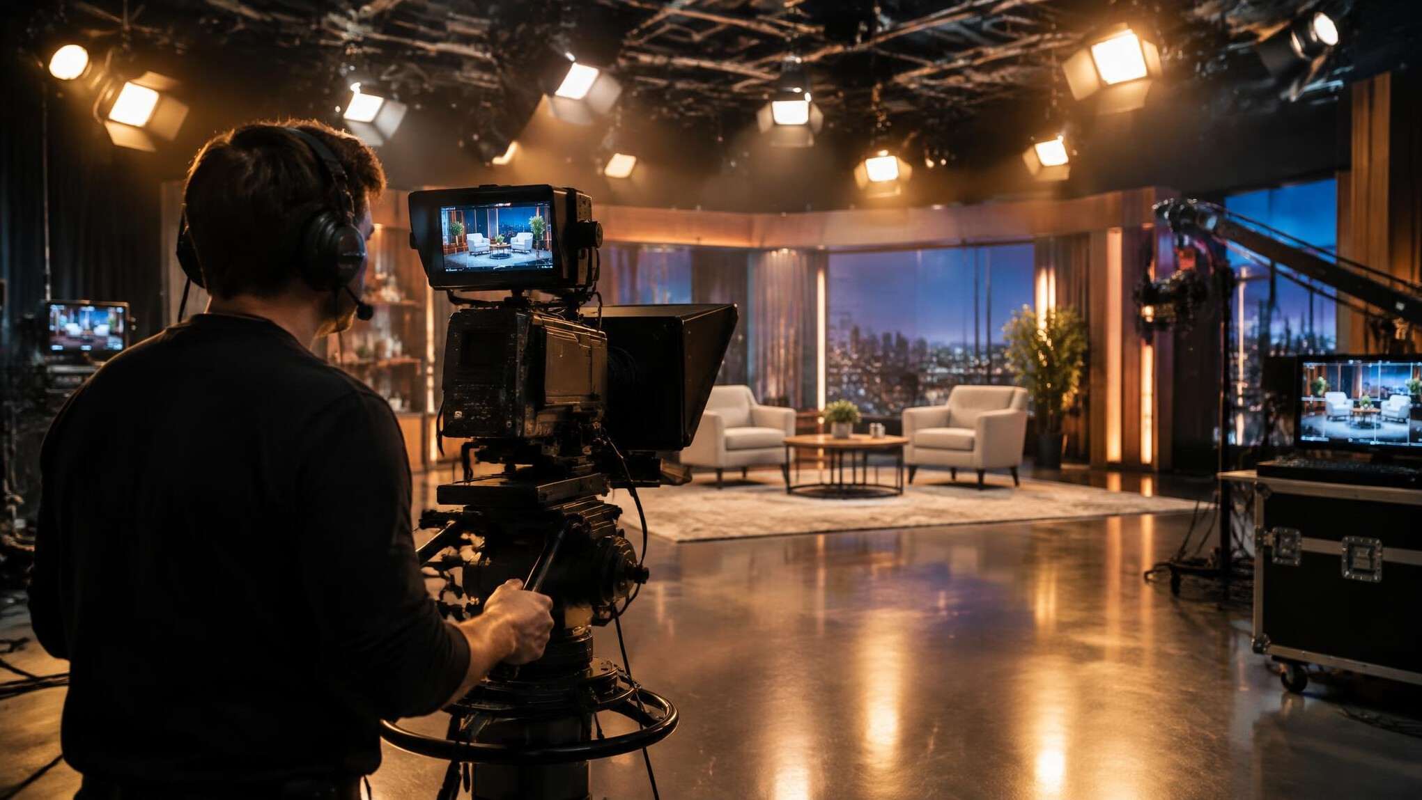 Camera operator filming under studio spotlights