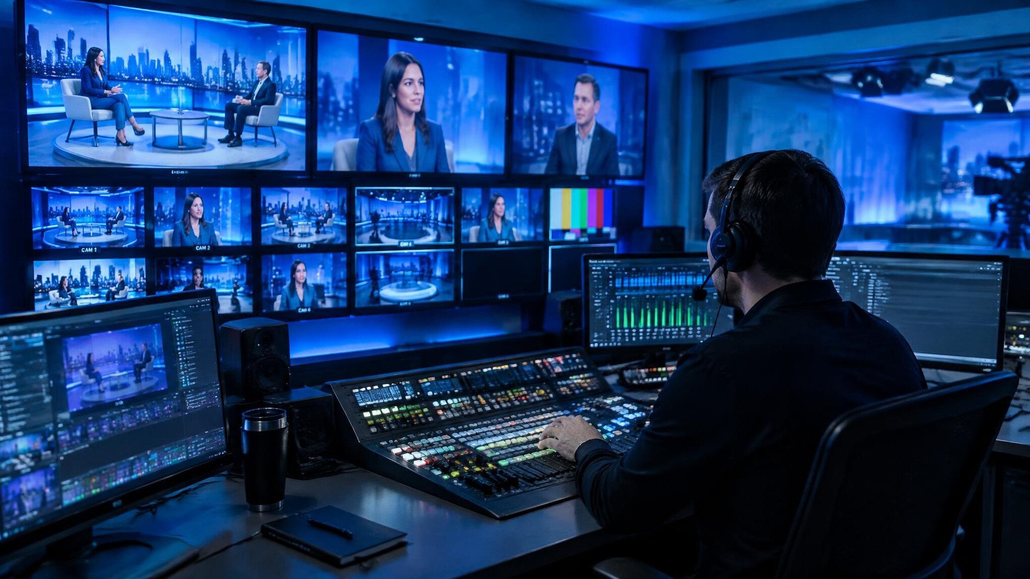 Control room with rows of broadcast monitors