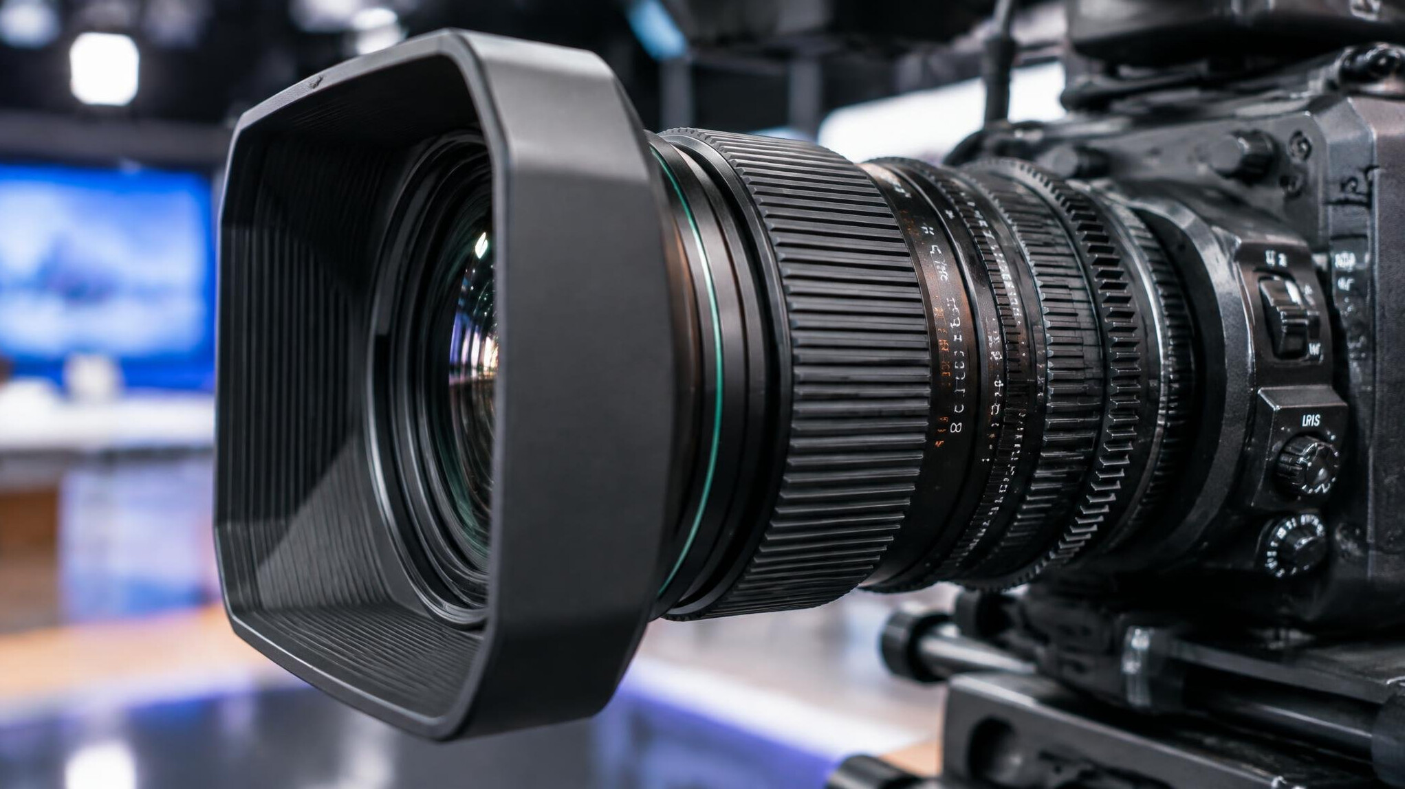 Close up of a professional broadcast camera lens