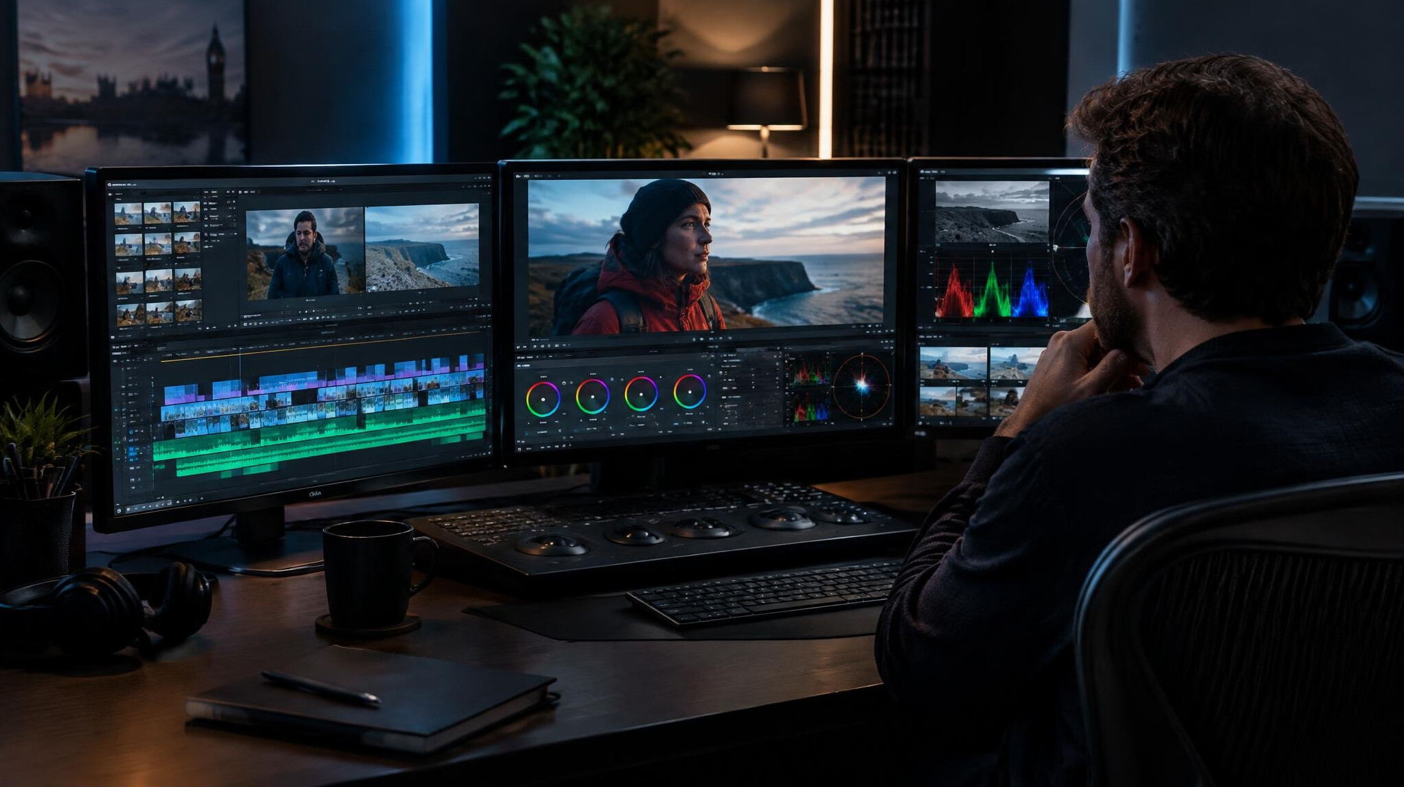 Editor reviewing footage on production monitors